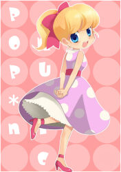 Rule 34 | 1girl, ankle strap, arms behind back, bare arms, bare shoulders, blonde hair, blue eyes, blush, bow, copyright name, dress, from behind, hair bow, high heels, high ponytail, jennifer (pop&#039;n music), neko (natsuiroclassic), open mouth, polka dot, polka dot background, polka dot dress, ponytail, pop&#039;n music, red bow, red footwear, sleeveless, sleeveless dress, smile, solo