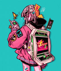 Rule 34 | 1girl, absurdres, aqua background, arcade cabinet, backpack, bag, bandaid, cellphone, cellphone charm, charm (object), cowboy shot, crisalys, from behind, grey hair, hair ornament, highres, holding, holding phone, jacket, long hair, long sleeves, original, phone, pink jacket, puffy long sleeves, puffy sleeves, sega, shadow, simple background, sleeves past wrists, smiley face, solo, sticker on body, union jack