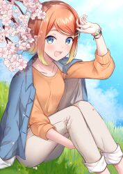 Rule 34 | 1girl, :d, blonde hair, blue eyes, blue sky, branch, breasts, brown sweater, cloud, commentary request, day, flower, gradient hair, grey pants, hair ornament, hairclip, hugging own legs, indie virtual youtuber, knees up, looking at viewer, mashiro aa, multicolored hair, neki (vtuber), open mouth, outdoors, pants, pink flower, short hair, sitting, sky, small breasts, smile, solo, sweater, swept bangs, thick eyebrows, virtual youtuber