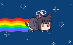 Rule 34 | 1girl, all fours, animal ears, black hair, black pantyhose, black skirt, black sweater, blue archive, blunt bangs, bob cut, cat ears, cat girl, chibi, commentary, english commentary, full body, halo, highres, hood, hooded sweater, kazusa (blue archive), long sleeves, looking at viewer, meme, multicolored hair, night, night sky, nyan cat, pantyhose, parody, pleated skirt, rainbow, red eyes, school uniform, serafuku, short hair, sidelocks, simple background, skirt, sky, solo, star (sky), starry sky, streaked hair, sweater, trait connection, two-tone hair, washin