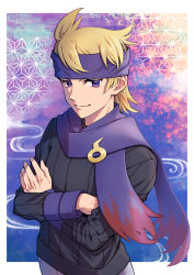Rule 34 | 1boy, black sweater, blonde hair, border, closed mouth, creatures (company), crossed arms, game freak, happy, headband, highres, long sleeves, looking at viewer, maki (letusgomaki), male focus, morty (pokemon), nintendo, outside border, pants, pokemon, pokemon hgss, purple background, purple eyes, purple headband, purple scarf, ribbed sweater, scarf, short hair, smile, solo, standing, sweater, upper body, white border, white pants