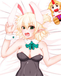 Rule 34 | 1girl, alternate costume, animal ears, areola slip, black leotard, blonde hair, blush, bow, bowtie, breasts, character doll, commentary request, detached collar, fake animal ears, green bow, green bowtie, green eyes, hair between eyes, highres, hoshiguma yuugi, leotard, looking at viewer, lying, medium breasts, mizuhashi parsee, on back, on bed, open mouth, playboy bunny, pointy ears, rabbit ears, short hair, solo, strapless, strapless leotard, suirennka (scar of mind), touhou, upper body, wrist cuffs
