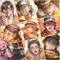 Rule 34 | 1boy, afterimage, alternate hairstyle, angry, animal ears, bear boy, birthday, blood, blood on face, blush, character print, collage, disdain, dog ears, expressions, facial scar, fangs, fangs out, frown, furrification, furry, furry male, golden kamuy, grin, hair down, hat, hat over one eye, heart, highres, kemonomimi mode, kepi, looking at viewer, male focus, military hat, motion lines, official alternate hairstyle, ra north0409, scar, scar on cheek, scar on face, scar on nose, self character print, smile, sugimoto saichi, veiny face