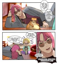 Rule 34 | 2boys, 7aizagatha, animal, black eyes, blonde hair, cat, chain necklace, clenched teeth, colored inner hair, comic, commentary, diamond wa kudakenai, diavolo, english text, engrish text, formal, frown, green hair, highres, holding, holding animal, holding cat, indian style, jewelry, jojo no kimyou na bouken, kira yoshikage, long hair, male focus, multicolored hair, multiple boys, necklace, open mouth, photo background, pink hair, ranguage, shirt, sitting, striped clothes, striped shirt, suit, sunglasses, teeth, two-tone hair, vento aureo, vertical-striped clothes, vertical-striped shirt, yokozuwari