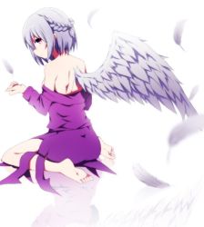 Rule 34 | 1girl, angel wings, back, bad id, bad twitter id, bare shoulders, barefoot, bloom, braid, closed mouth, dress, feathered wings, feathers, from side, full body, grey hair, jpeg artifacts, kishin sagume, long sleeves, looking at viewer, no jacket, off shoulder, pink eyes, profile, purple dress, short hair, single wing, sitting, solo, touhou, wariza, white background, white wings, wings, you (noanoamoemoe)
