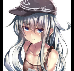 Rule 34 | 10s, 1girl, :|, anchor symbol, bare shoulders, blue eyes, closed mouth, collarbone, hair between eyes, hat, hibiki (kancolle), kantai collection, one-piece swimsuit, pillarboxed, school swimsuit, simple background, solo, swimsuit, tai (nazutai), upper body, white background