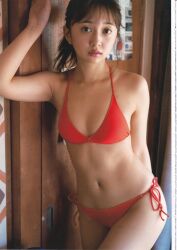 Rule 34 | 1girl, bikini, highres, indoors, komiya arisa, looking at viewer, magazine scan, photo (medium), red bikini, scan, standing, swimsuit, voice actor