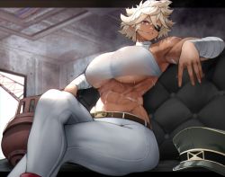 Rule 34 | 1girl, abs, absurdres, arm rest, armpits, bad id, bad twitter id, bandaged arm, bandages, bare shoulders, belt, biceps, black hat, breasts, brown belt, commentary, couch, cowboy shot, crop top, dark-skinned female, dark skin, debonair diamond, eyebrows hidden by hair, eyepatch, groin, hair between eyes, halterneck, hat, highres, indoors, large breasts, looking at viewer, messy hair, muscular, muscular female, navel, pants, parted lips, red eyes, red hood (kawaguchi), scar, scar on stomach, shirt, short hair, sidelocks, sitting, solo, stomach, sweat, taut clothes, taut shirt, thick eyebrows, underboob, unworn hat, unworn headwear, white hair, white pants, white shirt, yoshio (55level)