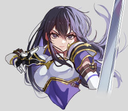 Rule 34 | 1girl, absurdres, armor, ayra (fire emblem), black eyes, black hair, closed mouth, earrings, fire emblem, fire emblem: genealogy of the holy war, gloves, hair between eyes, highres, holding, holding sword, holding weapon, jewelry, long hair, nintendo, shoulder armor, sword, upper body, weapon, white background, zedoraart