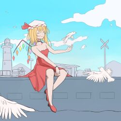 Rule 34 | 1girl, absurdres, bare shoulders, bird, black bracelet, black choker, blonde hair, blue sky, bracelet, breasts, choker, cleavage, closed eyes, closed mouth, cloud, collarbone, crystal, dove, dress, embodiment of scarlet devil, flandre scarlet, hat, hat ribbon, highres, jewelry, lighthouse, mary janes, medium breasts, medium hair, mob cap, no socks, ocean, one side up, pier, red footwear, red ribbon, red vest, ribbon, seagull, shoes, short hair, side ponytail, sky, strapless, strapless dress, touhou, vanilla flan, vest, white headwear, wings