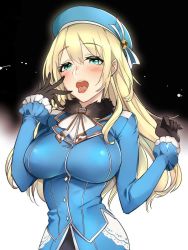 Rule 34 | 10s, 1girl, :p, aqua eyes, atago (kancolle), bad id, bad twitter id, beret, black gloves, blonde hair, blush, breasts, gloves, hand to own mouth, hat, kantai collection, large breasts, long hair, mikurou (nayuta), open mouth, oral invitation, sexually suggestive, solo, tongue, tongue out