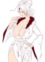 Rule 34 | 1girl, breasts, cleavage, covered erect nipples, fur, hair ornament, hand on own hip, hip focus, huge breasts, japanese clothes, mole, nouhime, nouhime (sengoku musou), sengoku musou, smile, solo