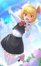 Rule 34 | 1girl, absurdres, black skirt, black vest, blonde hair, collared shirt, fang, harunoha, highres, long sleeves, medium hair, necktie, outstretched arms, red eyes, red necktie, rumia, shirt, skirt, skirt set, solo, spread arms, thighhighs, touhou, vest, white shirt, white thighhighs