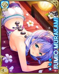 Rule 34 | 1girl, :d, aqua eyes, ass, bare arms, bare legs, bare shoulders, barefoot, braid, breasts, card (medium), front braid, girlfriend (kari), hair ornament, hair over shoulder, hairclip, indoors, long hair, looking at viewer, lying, murakami fumio, night, official art, on side, open mouth, purple shorts, qp:flapper, shirt, shorts, smile, solo, spa, tagme, thighhighs, twin braids, white shirt
