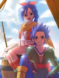 Rule 34 | 1boy, 1girl, barrel, blue eyes, blue hair, braid, braided ponytail, camus (dq11), closed mouth, cloud, dragon quest, dragon quest xi, earrings, fingerless gloves, gloves, hair ribbon, jewelry, long hair, looking at viewer, maya (dq11), necklace, open mouth, red vest, ribbon, scarf, shorts, single braid, smile, syanathena, vest