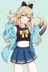 Rule 34 | 1girl, absurdres, ahoge, alternate costume, animal ears, bell, blonde hair, blue jacket, blue skirt, cat ears, cat girl, cat tail, commentary request, crop top, double-parted bangs, genshin impact, green eyes, hair ornament, highres, jacket, kirara (genshin impact), long hair, long sleeves, midriff, multiple tails, open mouth, pochimaru (marumaru wanwan), skirt, smile, solo, sweater jacket, tail, two tails, x hair ornament