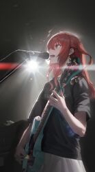 Rule 34 | 1girl, black shirt, bocchi the rock!, commentary request, electric guitar, gibson les paul, guitar, highres, instrument, jyugomio, kessoku band logo, kessoku band t-shirt, kita ikuyo, long hair, microphone, music, open mouth, playing guitar, red hair, shirt, side ponytail, singing, skirt, stage lights, white skirt, yellow eyes