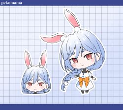 Rule 34 | 1girl, animal ears, black bodysuit, blue hair, bodysuit, bow, braid, braided ponytail, character name, chibi, dress, hair bow, hololive, looking at viewer, mature female, multicolored hair, pekomama, ponytail, rabbit ears, rabbit girl, red eyes, short eyebrows, solo, streaked hair, t oaru, virtual youtuber, white bow, white dress, white hair