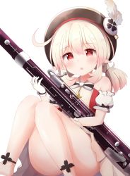 Rule 34 | 1girl, ahoge, ass, bassoon, child, clover print, commentary request, genshin impact, gloves, hair between eyes, hat, highres, holding, holding instrument, instrument, klee (genshin impact), light brown hair, long hair, looking at viewer, low twintails, official alternate costume, parted lips, pointy ears, red eyes, sidelocks, simple background, sitting, solo, tutsucha illust, twintails, white background, white gloves