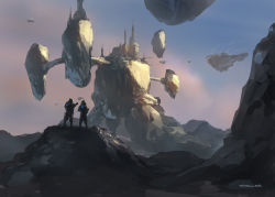 Rule 34 | 2others, ambiguous gender, astronaut, bad id, bad pixiv id, blue sky, castle, commentary request, floating island, from behind, full body, multiple others, original, pointing, rock, satoru wada, scenery, science fiction, signature, sky, tower, wide shot