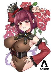 Rule 34 | 1girl, absurdres, arm behind head, blush, bob cut, breasts, corset, covered erect nipples, detached sleeves, grin, hand on own hip, hat, heterochromia, highres, hololive, houshou marine, houshou marine (gothic lolita), i am anddo, large breasts, leotard, navel, neck ribbon, official alternate costume, orange eyes, purple hair, red eyes, ribbon, see-through, short hair, simple background, smile, solo, top hat, variant set, virtual youtuber, white background