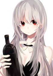 Rule 34 | 1girl, absurdres, bare shoulders, bottle, breasts, cleavage, detached collar, grey hair, highres, long hair, looking at viewer, ogami ren, original, red eyes, simple background, small breasts, solo, white background, wine bottle