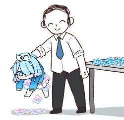 Rule 34 | 1boy, 1girl, anger vein, doodle sensei (blue archive), arona (blue archive), black pants, blue archive, blue eyes, blue hair, blue necktie, blue shirt, blush stickers, hair over one eye, hairband, halo, highres, lifting person, necktie, pants, paper, piki (itpiki), school uniform, sensei (blue archive), shirt, short hair, simple background, skirt, standing, table, white background, white hairband, white shirt, white skirt