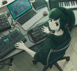 Rule 34 | 1girl, at computer, audio sequencer, black eyes, black hair, chair, computer, cup, desk, from above, headphones, instrument, kensight328, keyboard (instrument), laptop, looking at viewer, mole, mole under eye, mug, original, ponytail, power strip, shadow, signature, sitting, solo