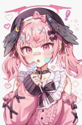 Rule 34 | !, 1girl, bandaid, beret, black hat, blue archive, blush, buttons, center frills, detached sleeves, frills, halo, hat, head wings, heart, koharu (blue archive), long hair, looking at viewer, mono (mono mon), open mouth, pink eyes, pink hair, pink shirt, pink sleeves, red halo, shirt, simple background, solo, twintails, upper body, white background, wings