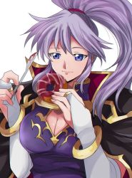 Rule 34 | 1girl, blue eyes, bracelet, breasts, cape, cleavage, doughnut, elbow gloves, fire emblem, fire emblem: genealogy of the holy war, fire emblem: thracia 776, fire emblem heroes, food, gloves, gold trim, holding, holding food, holding knife, ishtar (fire emblem), jewelry, knife, large breasts, long hair, nintendo, purple hair, simple background, solo, utensil, white background