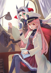 Rule 34 | 10s, 2girls, commentary request, female admiral (kancolle), green eyes, hakuryuu (aircraft carrier), highres, kantai collection, multiple girls, original, pacific (kancolle), personification, pink hair, red eyes, silver hair, sima naoteng, slit pupils, world of warships