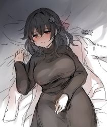 Rule 34 | 1girl, alternate costume, alternate hairstyle, artist name, black dress, black hair, breasts, commentary request, dated, dress, hair down, hair flaps, hair ornament, hairclip, jingei (kancolle), kantai collection, kirisawa juuzou, large breasts, long hair, looking at viewer, lying, pillow, red eyes, solo