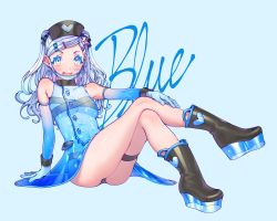 Rule 34 | 1girl, absurdres, black panties, blue background, blue dress, blue theme, bomhat, breasts, collarbone, colored eyelashes, dress, earrings, elbow gloves, english text, gloves, hat, highres, jewelry, mask, medium breasts, mouth mask, nurse, nurse cap, open mouth, original, panties, platform footwear, platform heels, silver hair, sitting, solo, surgical mask, underwear