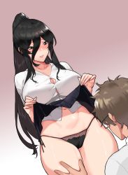 Rule 34 | 1boy, 1girl, bad id, bad pixiv id, black-framed eyewear, black hair, black panties, black ribbon, blush, breasts, brown eyes, brown hair, cameltoe, cleavage, clothes lift, collarbone, dutch angle, fingernails, glasses, gradient background, hair between eyes, hand on another&#039;s thigh, hetero, high ponytail, highres, large breasts, lifting own clothes, long fingernails, long hair, long sleeves, looking down, mimyo, miniskirt, nail polish, navel, no bra, nose blush, open mouth, original, panties, pink nails, purple background, ribbon, shiny skin, shirt, side-tie panties, sidelocks, skindentation, skirt, skirt lift, solo focus, stomach, thighs, underwear, white shirt