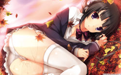 Rule 34 | 1girl, artist request, ass, autumn, autumn leaves, black hair, blue eyes, bow, bowtie, bra, breasts, cameltoe, cleavage, dutch angle, fingernails, highres, hotch kiss, leaf, lingerie, long fingernails, long hair, lying, nail polish, nironiro, official art, official wallpaper, on side, open mouth, panties, pantyshot, plaid, plaid skirt, pussy juice, skirt, small breasts, solo, sumiyoshi nana, thighhighs, underwear, upskirt, wallpaper, wet, wet clothes, wet panties, white bra, white panties, white thighhighs