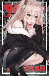 Rule 34 | 1girl, animal ears, ankle boots, artist name, asymmetrical legwear, black footwear, black jacket, black thighhighs, boots, commentary, cover, english commentary, english text, fake cover, fang, fur trim, grey eyes, grey hair, hair between eyes, high heel boots, high heels, highres, hololive, jacket, jewelry, kanniiepan, lion ears, lion girl, long hair, long sleeves, looking at viewer, messy hair, mixed-language commentary, necklace, o-ring, o-ring thigh strap, open mouth, shishiro botan, shishiro botan (1st costume), single thighhigh, solo, squatting, thigh strap, thighhighs, torn clothes, torn thighhighs, twintails, virtual youtuber
