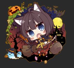 Rule 34 | 1girl, animal ear fluff, animal ears, bat (animal), black hair, blue eyes, blush stickers, broom, broom riding, candy, cat ears, cat tail, chibi, claw pose, detached sleeves, fang, food, full moon, gao, ghost, halloween, hat, hatachi, highres, jack-o&#039;-lantern, looking at viewer, moon, night, open mouth, original, short hair, silhouette, solo, striped clothes, striped thighhighs, tail, thighhighs, vertical-striped clothes, vertical-striped thighhighs, witch hat