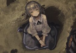 Rule 34 | 1girl, absurdres, ahoge, black choker, black footwear, black ribbon, black skirt, choker, clothing cutout, collared shirt, crossed bangs, eliot (eokaitekaite969), empty eyes, frilled skirt, frilled sleeves, frills, from above, green eyes, grey hair, grey shirt, hair between eyes, hair ribbon, high-waist skirt, highres, hololive, looking at viewer, natsuiro matsuri, natsuiro matsuri (casual), neck ribbon, on grass, open mouth, own hands together, plaid, plaid skirt, puffy sleeves, ribbon, see-through, see-through sleeves, shadow, shirt, shoulder cutout, sidelocks, sitting, skirt, twintails, virtual youtuber, wariza, wavy hair