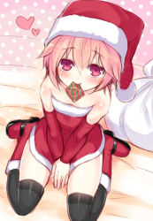 Rule 34 | 1girl, alternate costume, bare shoulders, black thighhighs, blush, boots, condom, condom in mouth, detached sleeves, female focus, flat chest, hat, heart, komeiji satori, looking at viewer, minamura haruki, mouth hold, pink eyes, pink hair, sack, santa hat, short hair, sitting, sketch, smile, solo, thighhighs, touhou, v arms, wariza