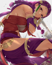 Rule 34 | 1girl, absurdres, adapted costume, alternate hairstyle, armor, braid, breasts, cape, cleavage, dark-skinned female, dark skin, facial mark, fire emblem, fire emblem: three houses, fire emblem warriors: three hopes, gloves, hair ornament, haru (nakajou-28), highres, jewelry, large breasts, long hair, looking at viewer, nintendo, official alternate costume, official alternate hairstyle, petra macneary, purple hair, see-through, simple background, solo, underboob