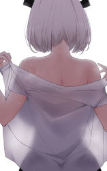 Rule 34 | 1girl, back, back focus, backboob, bare shoulders, breasts, cowboy shot, from behind, highres, huge breasts, li zhiheng, my harem grew so large i was forced to ascend, original, see-through silhouette, short hair, simple background, solo, steaming body, sweat, undressing, white background, white hair, yun youyou