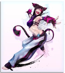 Rule 34 | 1girl, armpits, barefoot, black hair, bracelet, breasts, capcom, elbow gloves, fingerless gloves, gloves, glowing, glowing eyes, han juri, jewelry, lock &amp; sticky, midriff, muscular, nail polish, navel, open mouth, outstretched arms, pink nails, red eyes, sideboob, solo, spiked bracelet, spikes, street fighter, street fighter iv (series), toeless legwear, toes, tongue