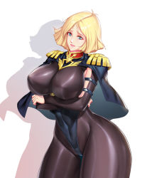 Rule 34 | 1girl, alternate breast size, arms under breasts, blonde hair, blue eyes, bodysuit, breasts, capelet, crossed arms, dark night (darkotl), epaulettes, gundam, highres, large breasts, leotard, looking at viewer, mobile suit gundam, sayla mass, shadow, short hair, simple background, skin tight, solo, thick thighs, thighs, upper body, white background