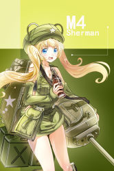 Rule 34 | 1girl, :d, bare shoulders, blonde hair, blue eyes, breasts, cannon, caterpillar tracks, character name, cleavage, coca-cola, hat, long hair, m4 sherman, mecha musume, medium tank, military, military vehicle, motor vehicle, open mouth, original, personification, skirt, smile, solo, tank, turret, twintails, united states, vehicle, world war ii, yinyu