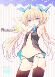 Rule 34 | 1girl, armpits, arms behind head, arms up, black panties, black thighhighs, blonde hair, blue eyes, blue ribbon, breasts, garter belt, garter straps, groin, highres, long hair, mouth hold, nanao naru, navel, no pants, open clothes, open shirt, original, panties, ribbon, shirt, sleeveless, sleeveless shirt, small breasts, smile, solo, stomach, thighhighs, thighs, twintails, underwear