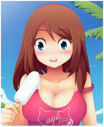 Rule 34 | 1girl, bare shoulders, blue eyes, blush, breasts, brown hair, cleavage, creatures (company), d:, food, game freak, highres, ice cream, large breasts, luis ayb, may (pokemon), nintendo, open mouth, pokemon, pokemon (anime), popsicle, sexually suggestive, shirt, sleeveless, sleeveless shirt, solo, strap slip, swimsuit, tank top, teeth, upper body