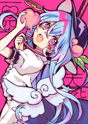 Rule 34 | 1girl, arm up, belt, black hat, blue belt, blue dress, blue hair, blue nails, blush, dress, food, fruit, hair between eyes, hands up, hat, heart, heart-shaped pupils, heart in eye, highres, hinanawi tenshi, kyouda suzuka, leaf, long hair, looking at viewer, nail polish, open mouth, peach, pink background, pink eyes, puffy short sleeves, puffy sleeves, purple eyes, shirt, short sleeves, smile, solo, symbol-shaped pupils, symbol in eye, touhou, twitter username, white shirt, white sleeves, wings