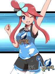 Rule 34 | 1girl, ;d, absurdres, alternate costume, arm up, armpits, bare arms, blue eyes, breasts, collared shirt, commentary request, creatures (company), eyelashes, game freak, hair ornament, hand up, highres, large breasts, looking at viewer, nintendo, one eye closed, one side up, open mouth, pantyhose, pokemon, pokemon bw, pokemon swsh, red hair, shabana may, shirt, short hair with long locks, shorts, side slit, side slit shorts, sidelocks, skyla (pokemon), sleeveless, smile, solo, teeth, tongue, upper teeth only, white pantyhose