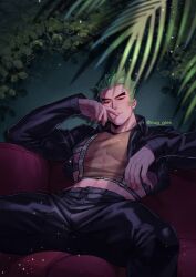 Rule 34 | 1boy, absurdres, artist name, black eyes, black pants, black shirt, cleavage, colored skin, couch, cover, english text, fake magazine cover, genji (overwatch), grey hair, highres, jacket, leaf, magazine cover, male focus, muscular, muscular male, nuggies (nug gies), on couch, overwatch, palm leaf, pants, see-through, see-through cleavage, shirt, short hair, smile, solo, textless version, white skin