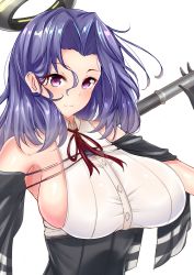 Rule 34 | 1girl, bare shoulders, blush, breasts, closed mouth, commentary request, gloves, hair intakes, halo, highres, kantai collection, large breasts, looking at viewer, mechanical halo, polearm, purple eyes, purple hair, sankakusui, shiny skin, short hair, sideboob, simple background, smile, solo, tatsuta (kancolle), tatsuta kai ni (kancolle), upper body, weapon, white background